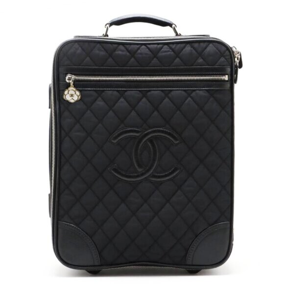 Authentic CHANEL CC Quilted Nylon Luggage Carry-on Trolley Wheels Travel Bag - Picture 1 of 16